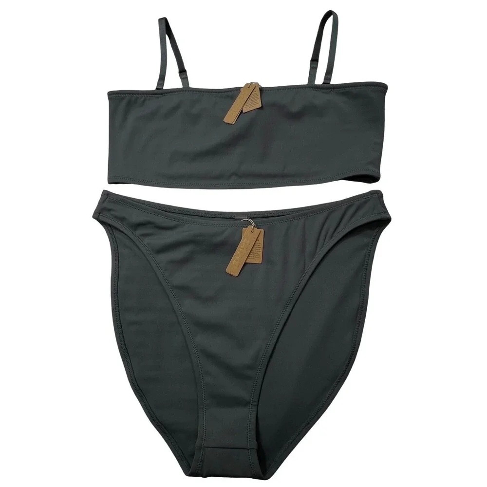 SKIMS Shaping Swim‎ Bandeau Top + Dipped Bikini Bottom Gunmetal Womens 2X